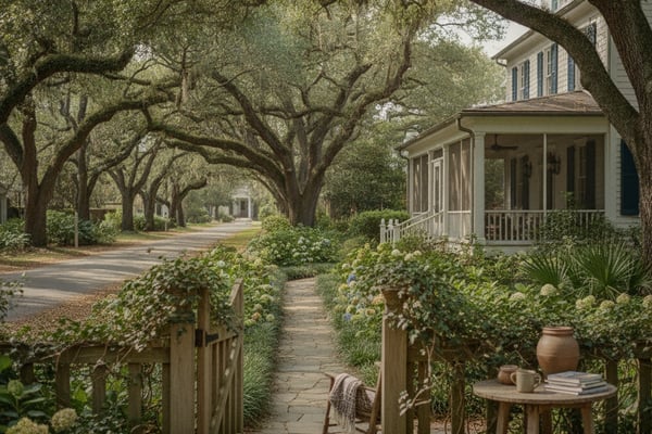 Tree-lined driveway with white cottage, wooden gate, garden seating area, and mature oak trees overhead