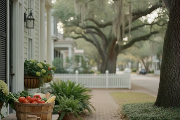 White cottage exterior with brick pathway, produce basket, flowering planters, and large oak trees lining tree-lined street